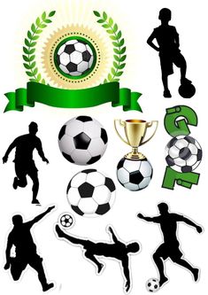 soccer players silhouettes with trophies and ribbons