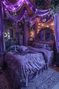 a bed with purple comforters and curtains