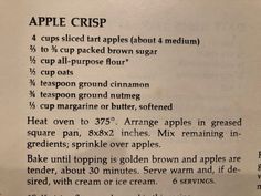 an apple crisp recipe is shown on a piece of paper with the instructions below it