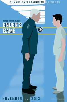 two men standing next to each other in front of a blue background with the words ender's game on it