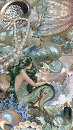 a painting of a mermaid with pearls and shells on it's back, surrounded by other seashells