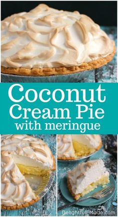 coconut cream pie with meringue is shown in three different pictures, including the top and bottom