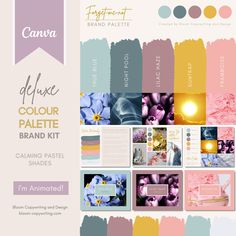 the color palette is shown in shades of pink, blue and yellow with an image of flowers