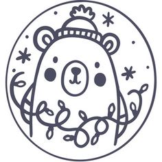 a black and white drawing of a bear wearing a knitted hat with stars around it