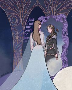 an image of two people dressed up as snow queen and prince in front of a mirror