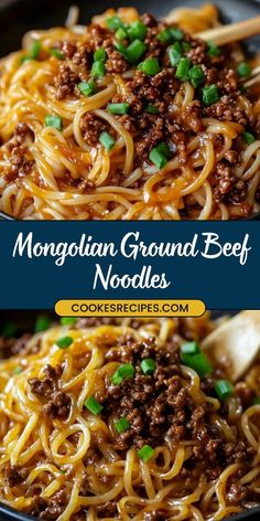 two pictures of noodles with ground beef and green onions in a black bowl on a wooden table