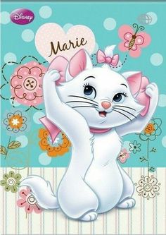 a white cat with pink bow on it's head and the words marie written in gold