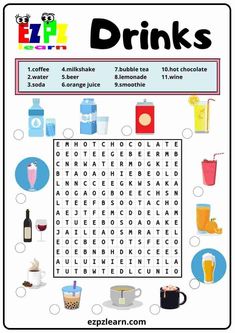 a crossword puzzle with words and pictures to describe what drinks are in the cup