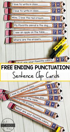 four pencils with writing on them and the words free ending puncturition sentence clip cards