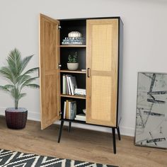 an open cabinet in the corner of a room with a potted plant on it