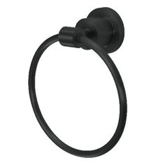 a black towel ring on a white background with the handle extended to it's left side