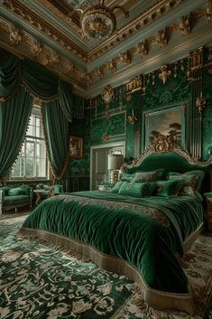 an ornate bedroom with green walls and curtains