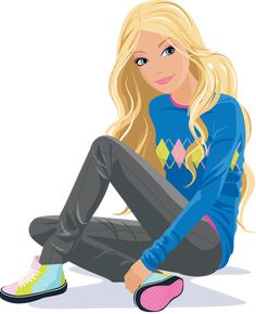 a blonde woman sitting on the ground with her legs crossed and wearing blue sweater and black pants