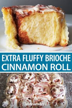 an image of a piece of cake with cinnamon rolls on it and the title overlay reads extra fluffy brioche cinnamon roll