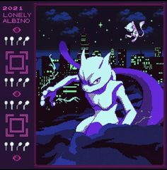 an old school style video game with a white cat in the middle and purple background