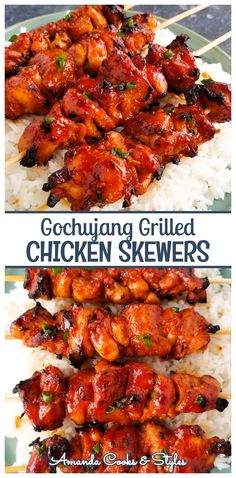 chicken skewers are served with rice and garnishes