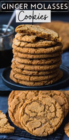 ginger molasse cookies stacked on top of each other with the title above it