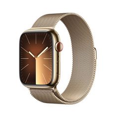 an apple watch with gold mesh band