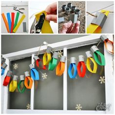 several pictures of different colored paper items hanging on a line with scissors and other things attached to the string