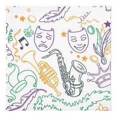 a white napkin with colorful masks and musical instruments on the front, in various colors