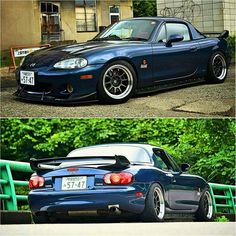 two pictures side by side of a blue sports car and the same one in color