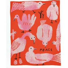 an orange and pink print with birds on it