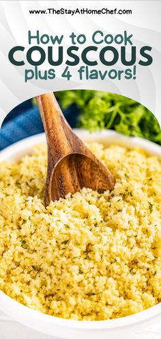 A bowl of herb couscous with a wooden spoon scooping some out. Cook Couscous, Making Couscous, Mediterranean Diet Recipes, Stew Recipes, Side Dishes Easy, Mediterranean Recipes