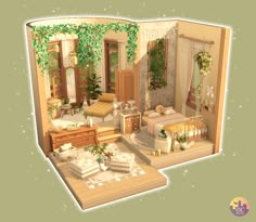 an animated view of a living room with furniture and plants on the wall above it