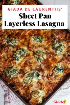 Lasagna made on a large sheet pan with dollops of a ricotta cheese and spinach mixture throughout. Sheet Pan Layerless Lasagna Giada, Giada’s Crispy Sheet Pan Lasagna, Giadas Lasagna Recipe, Giada Sheetpan Layerless Lasagna, Giada Crispy Sheet Pan Lasagna, Giada Lasagna Sheet Pan, Giada's Sheet Pan Lasagna, Giada De Laurentiis Sheet Pan Lasagna, Lasagna Giada De Laurentiis