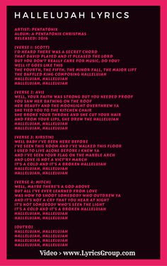 a pink and black poster with the words haleluah lyrics on it's side