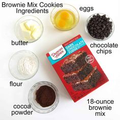 ingredients to make chocolate brownie recipe on white background