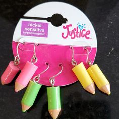 Never Worn! All 3 Pairs Included Justice Accessories Jewelry, Multicolor Metal Clip-on Earrings, Multicolor Novelty Earrings, Pencil Earrings, Nickel-free Pink Novelty Earrings, Justice Clothing 2010, Cute Pencil, I Cool, Earrings Color