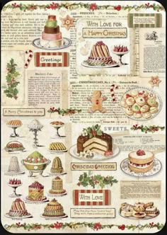 an old fashioned christmas card with many different cakes and desserts on the front page