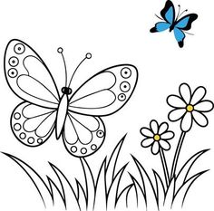 a butterfly flying over flowers and grass with the words happy birthday written in black ink