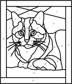 a coloring page with an image of a cat in the center and numbers on it