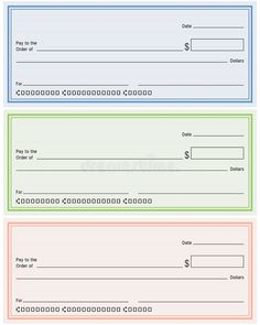 three blank check cards with different colors and numbers on the front, one for $ 10 each