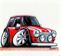 a drawing of a red and white car with chrome rims on it's hood