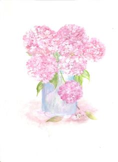 a watercolor painting of pink flowers in a blue vase