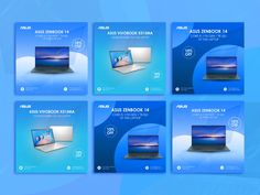 four different brochures with images of laptops in blue and white colors on them