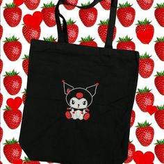 Kuromi Strawberry Heavy Duty 12oz Black Tote Bag Black Satchel Canvas Bag For Errands, Cute Black Satchel Bag, Cute Black Shoulder Bag For Everyday Use, Black Canvas Pouch Bag For School, Black Canvas Tote Bag For School, Cute Black Rectangular Shoulder Bag, Cute Black Canvas Shoulder Bag, Black Pouch Canvas Bag For School, Cute Handmade Black Bag