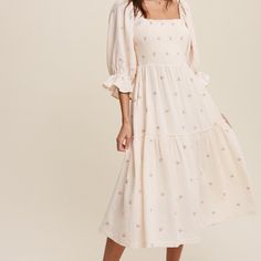 Dainty Floral Embroidered Puff Sleeve Dress In Cream. Runs A Little Big. Sleeves Can Be Worn On, Or Off The Shoulder. Feminine Cotton Midi Dress With Floral Embroidery, Cotton Midi Dress With Floral Embroidery For Brunch, Modest Christian Clothing, Peacock Print Dress, Flower Midi Dress, Modest Outfit Ideas, Newborn Fashion, Wrap Sweater Dress, Orange Midi Dress