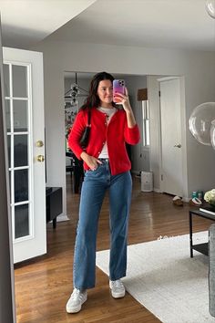 Ootd Casual Jeans, Red And Jeans Outfits, Red Jacket Outfit Casual, Red Casual Outfits, Pop Of Red Outfit, Outfits For December, Red Casual Outfit, Work Baddie, Red Outfit Casual