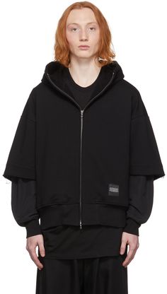 Long sleeve French terry and faille hoodie in black. Layered construction. · Hood at stand collar · Two-way zip closure · Tonal textile logo patch at hem and back · Rib knit cuffs and hem Supplier color: Black | Julius Black Layered Hoodie Avant Garde Streetwear, Textile Logo, Streetwear Mens, Long Sleeve Hoodie, Fashion Online Shop