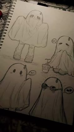 a drawing of some people in ghost costumes and one is holding a cup with something on it