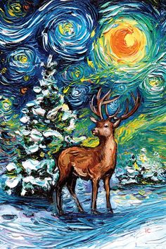 a painting of a deer standing in front of a night sky with stars and trees