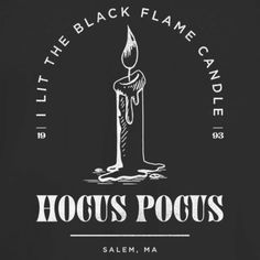 the black flame candle logo is shown in white on a black background, and it says hocus pocus salem, ma