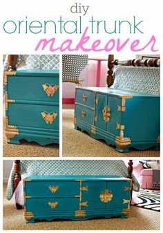 an old dresser is painted blue and has gold trimmings on the top, bottom and