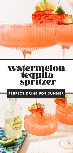 watermelon tequila spritzer perfect drink for summer with text overlay that reads, watermelon tequila spritzer perfect drink for summer