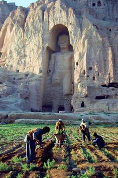 some people are working in the field near a large statue