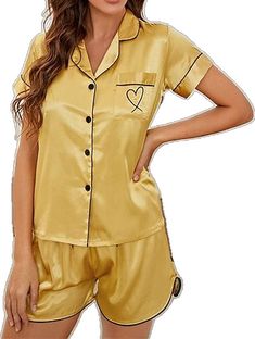 Embroidery Heart, Silk Pajamas Shorts, Pijamas Women, Silk Pajamas Women, Pyjama Satin, Heart Embroidery, Pajama Suit, Satin Short, Elastic Shorts